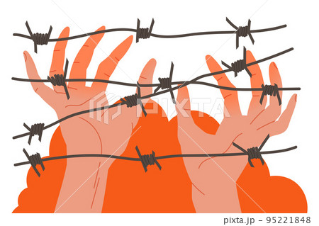 Human Hands Against Wire Entanglement as Refugee Suffering from War Conflict Seeking Asylum Vector Illustration 95221848