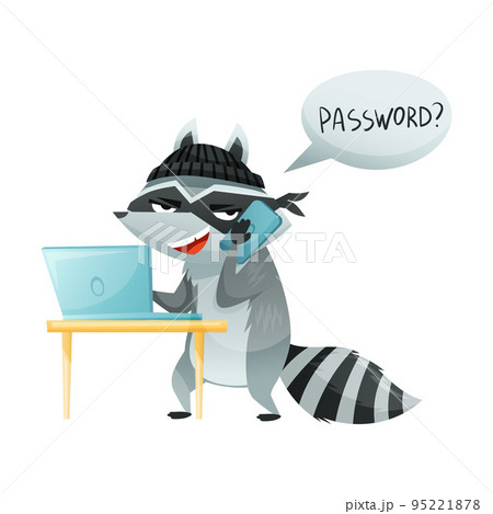 Raccoon Burglar with Striped Tail Wearing Mask Breaking Password on Laptop Speaking by Phone Cheating Someone Vector Illustration 95221878