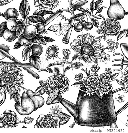 Gardening seamless pattern background design. Engraved style. Hand drawn watering can, apples, cherry, rose, pears, shovel, rake, secateurs, chamomile, sunflower, forget me not flower, ranunculus 95221922