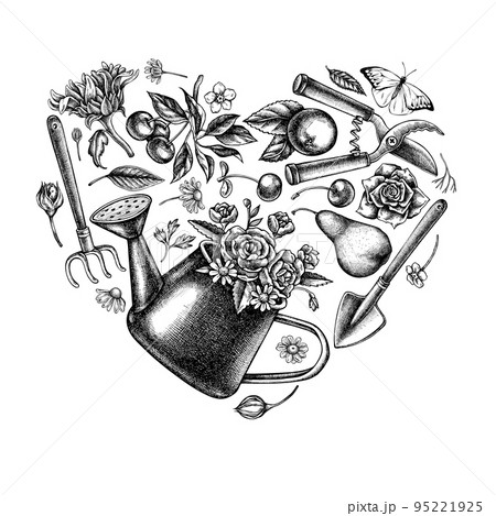 Gardening heart vintage design. Hand drawn watering can, apples, cherry, pears, shovel, rake, secateurs, chamomile, sunflower, forget me not flower, great orange-tip, roses. 95221925