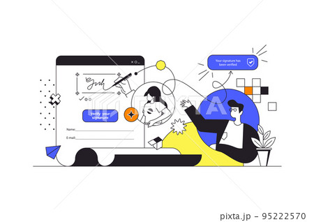 Electronic contract web concept in flat outline design with characters. Man and woman signing electronic agreements with digital signature, making business deal people scene. Vector illustration. Electronic contract web concept in flat outline design with characters. Man and woman signing electronic agreements with digital signature, making business deal people scene. Vector illustration. 95222570