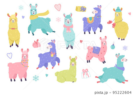 Cute llamas in Christmas set with cartoon elements in flat design. Bundle of colorful happy lamas with scarves, hats, bells, gifts, snowflakes and other decor isolated stickers. Vector illustration. Cute llamas in Christmas set with cartoon elements in flat design. Bundle of colorful happy lamas with scarves, hats, bells, gifts, snowflakes and other decor isolated stickers. Vector illustration. 95222604