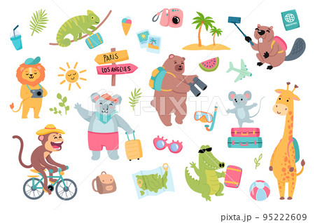 Traveling animals set with cute cartoon elements in flat design. Bundle of funny animals with backpack or luggage, photo camera, island palms, passport and other isolated stickers. Vector illustration 95222609
