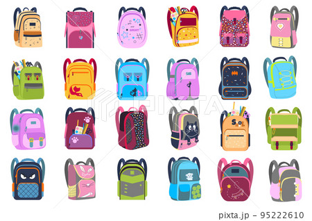 Backpacks set with cute cartoon elements in flat design. Bundle of colorful rucksacks or schoolbags of different styles. Open or closed bags with stationery, isolated stickers. Vector illustration. 95222610