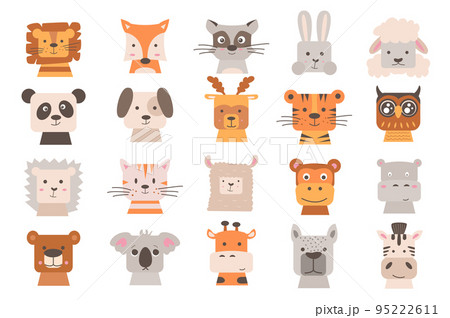 Animals heads set with cute cartoon elements in flat design. Bundle of lion, fox, raccoon, rabbit, sheep, panda, dog, tiger, owl, hedgehog, cat, lama and other isolated stickers. Vector illustration. 95222611