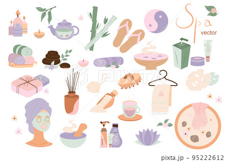 Spa salon set with cute cartoon elements in flat design. Bundle of candles, kettle, herbal tea, bamboo, harmony, cosmetics, towel, stones, aromatherapy and other isolated stickers. Vector illustration 95222612