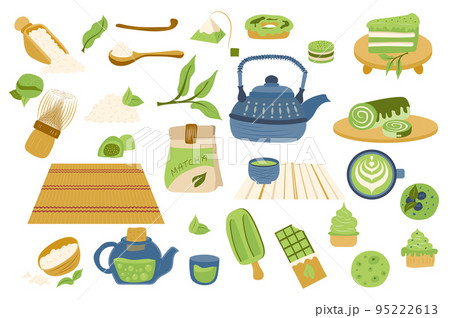 Matcha tea set with cute cartoon elements in flat design. Bundle of matcha powder, packaging bag, cake, leaf, green chocolate, ice cream, cup, tea pot and other isolated stickers. Vector illustration. 95222613