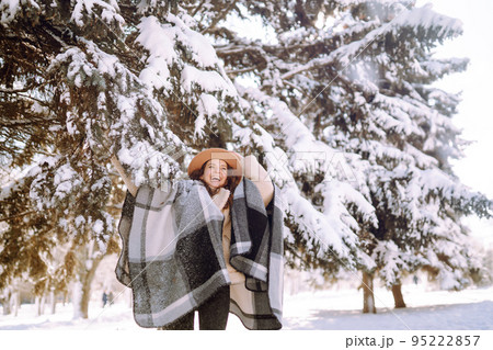 Smiling woman enjoying winter moments in snowy park. Young woman wearing hat, plaid scarf and coat. 95222857