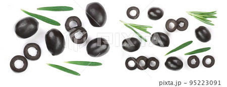 whole and sliced black olives with rosemary leaves isolated on white background. Top view. Flat lay pattern whole and sliced black olives with rosemary leaves isolated on white background. Top view. Flat lay pattern 95223091