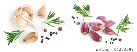 garlic with rosemary and peppercorn isolated on white background. Top view. Flat lay pattern garlic with rosemary and peppercorn isolated on white background. Top view. Flat lay pattern 95223095