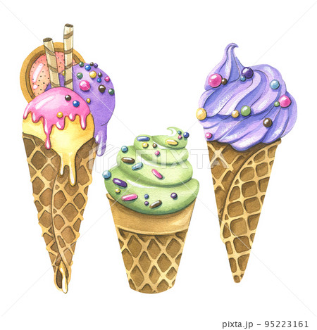 A set of ice cream in waffle cones and a cup. With pastry sprinkles. Watercolor illustration. Isolated objects from a large set of ICE CREAM. For decoration and design, composition. 95223161