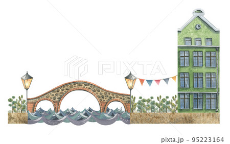 Watercolor illustration of a composition of cute old town houses. 95223164