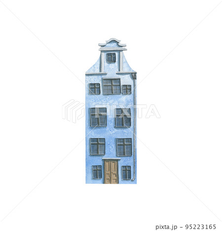 Watercolor illustration of the house of the old European city. Isolated. Blue. For decoration 95223165