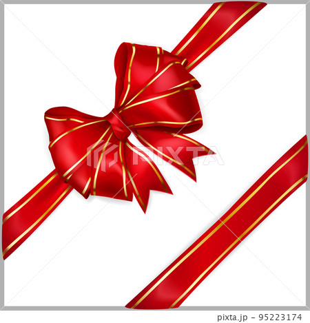 Red bow with diagonally ribbons with golden strips 95223174