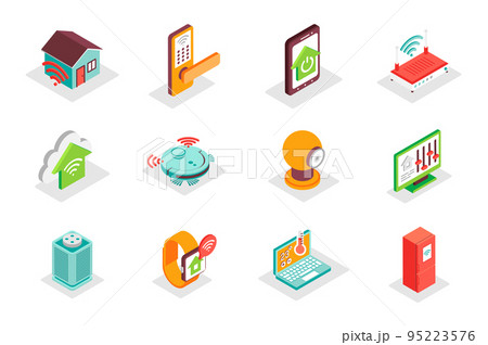 Smart Home concept 3d isometric icons set. Bundle elements of remote monitoring, automation, security system, electronic control, settings and other. Vector illustration in modern isometry design 95223576