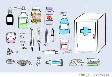 Health care and medicine hand drawn elements. Set of first aid elements with medicine chest. Doodle style vector illustration 95225518