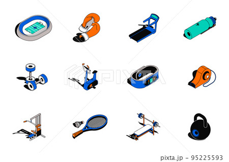 Sports 3d isometric icons set. Pack elements of stadium, boxing gloves, treadmill, bottle water, dumbbells, exercise machine, gym equipment and other. Vector illustration in modern isometry design 95225593