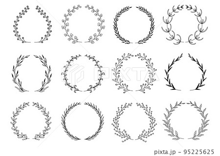 Ornamental branch wreathes set in hand drawn design. Laurel leaves wreath and decorative branch bundle. Botanical outline decor of herbs, twigs, sprigs and plants elements. Vector floral decoration 95225625
