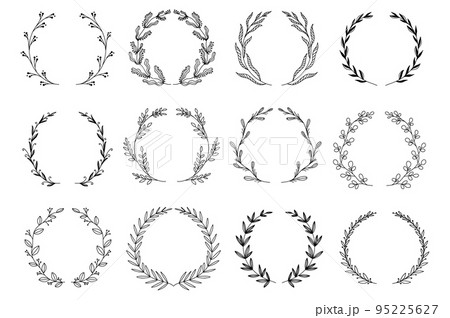 Ornamental branch wreathes set in hand drawn design. Laurel leaves wreath and decorative branch bundle. Botanical decor of herbs, twigs with flowers and plants elements. Vector floral decoration 95225627