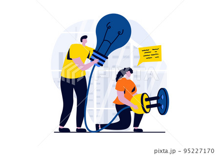Teamwork concept with people scene in flat cartoon design. Man and woman creating new solving for business improvement, generate energy and working together. Vector illustration visual story for web Teamwork concept with people scene in flat cartoon design. Man and woman creating new solving for business improvement, generate energy and working together. Vector illustration visual story for web 95227170