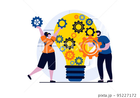 Teamwork concept with people scene in flat cartoon design. Man and woman settings and creating ideas for business, working together in successful projects. Vector illustration visual story for web Teamwork concept with people scene in flat cartoon design. Man and woman settings and creating ideas for business, working together in successful projects. Vector illustration visual story for web 95227172