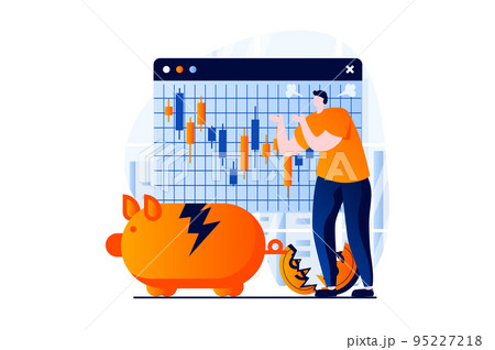 Stock market concept with people scene in flat cartoon design. Man invests savings and loses money, analyzes chart with negative trend, financial crisis. Vector illustration visual story for web 95227218