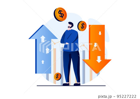 Stock market concept with people scene in flat cartoon design. Man thinking and analysis chart with arrow with different trends and trading on stock exchange. Vector illustration visual story for web 95227222
