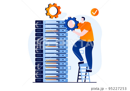 Server maintenance concept with people scene in flat cartoon design. Man working in server rack hardware room, settings and optimization, fixing connection. Vector illustration visual story for web Server maintenance concept with people scene in flat cartoon design. Man working in server rack hardware room, settings and optimization, fixing connection. Vector illustration visual story for web 95227253