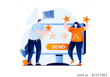 Feedback page concept with people scene in flat cartoon design. Man and woman make good reviews and star rating on website. Customer satisfaction ranking. Vector illustration visual story for web Feedback page concept with people scene in flat cartoon design. Man and woman make good reviews and star rating on website. Customer satisfaction ranking. Vector illustration visual story for web 95227863
