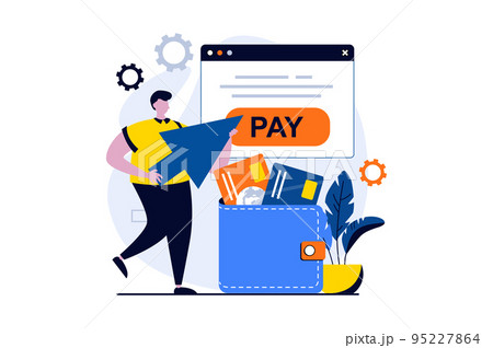 E-payment process concept with people scene in flat cartoon design. Man paying on website using electronic wallet and virtual credit cards at online banking. Vector illustration visual story for web E-payment process concept with people scene in flat cartoon design. Man paying on website using electronic wallet and virtual credit cards at online banking. Vector illustration visual story for web 95227864