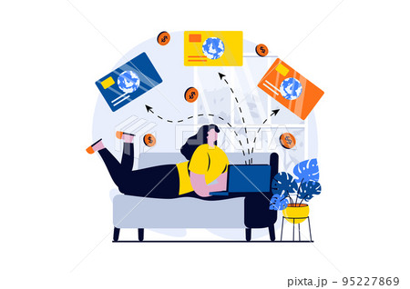 E-payment process concept with people scene in flat cartoon design. Woman manages her credit cards and enforces financial transactions using laptop at home. Vector illustration visual story for web 95227869