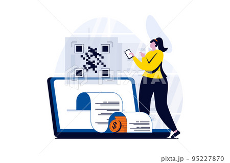 E-payment process concept with people scene in flat cartoon design. Woman receives invoice for payment and pays online scans QR code using smartphone. Vector illustration visual story for web 95227870