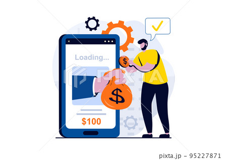 E-payment process concept with people scene in flat cartoon design. Man makes financial transaction in application and receives cash from bank account. Vector illustration visual story for web 95227871