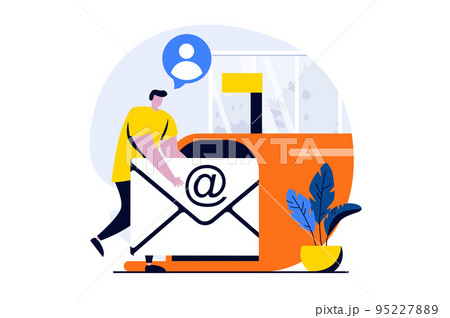 Email service concept with people scene in flat cartoon design. Man sends letters at huge mailbox. Promotional mailings, correspondence and communication. Vector illustration visual story for web Email service concept with people scene in flat cartoon design. Man sends letters at huge mailbox. Promotional mailings, correspondence and communication. Vector illustration visual story for web 95227889