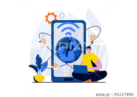 Email service concept with people scene in flat cartoon design. Man sends and receives letters with contacts, conducts online correspondence on mobile phone. Vector illustration visual story for web 95227890