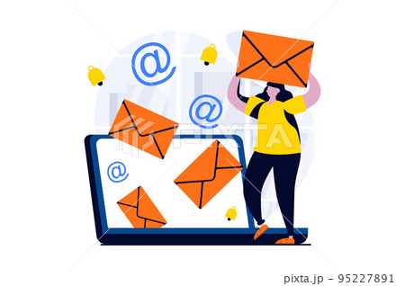 Email service concept with people scene in flat cartoon design. Woman receives new notifications and manages incoming emails using desktop app for laptop. Vector illustration visual story for web 95227891