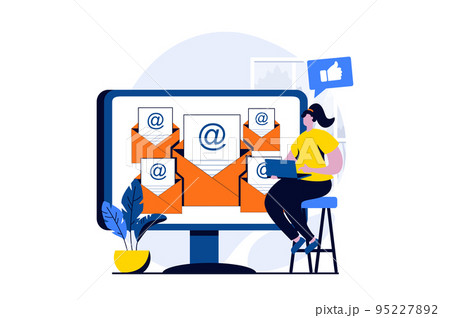 Email service concept with people scene in flat cartoon design. Woman manages incoming and outgoing letters using computer application. Online correspondence. Vector illustration visual story for web 95227892