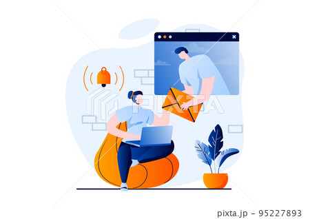 Email service concept with people scene in flat cartoon design. Woman receives new email notification on laptop. Man sending promo email. Online communication. Vector illustration visual story for web 95227893
