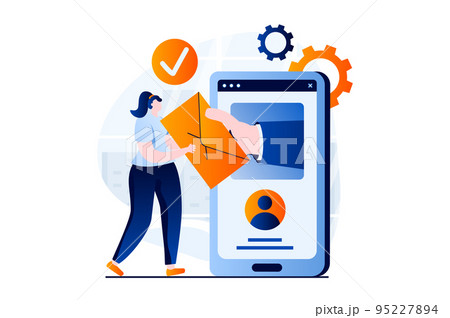 Email service concept with people scene in flat cartoon design. Woman received new email or promotional mailing on mobile phone app. Online communication. Vector illustration visual story for web 95227894