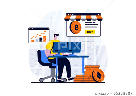 Cryptocurrency marketplace concept with people scene in flat cartoon design. Man engaged in crypto business, buys and sells bitcoins, monitors exchange data. Vector illustration visual story for web Cryptocurrency marketplace concept with people scene in flat cartoon design. Man engaged in crypto business, buys and sells bitcoins, monitors exchange data. Vector illustration visual story for web 95228207