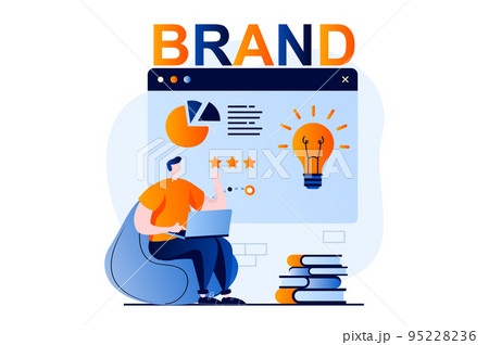 Branding team concept with people scene in flat cartoon design. Man with laptop analyzes company data, generates new ideas, developed improvement strategy. Vector illustration visual story for web Branding team concept with people scene in flat cartoon design. Man with laptop analyzes company data, generates new ideas, developed improvement strategy. Vector illustration visual story for web 95228236