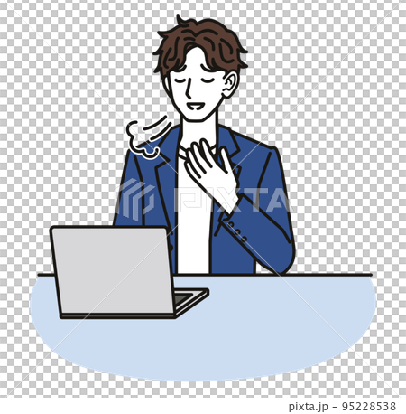 パソコンの画面を見て安心するオフィスカジュアルコーデの男性 95228538