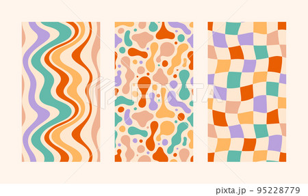 Groovy Hippie 70s Backgrounds Set. Vector Psychedelic Wallpapers: Wavy Stripes, Lava Lamp Fluid Shapes, Checkerboards Groovy Hippie 70s Backgrounds Set. Vector Psychedelic Wallpapers: Wavy Stripes, Lava Lamp Fluid Shapes, Checkerboards 95228779