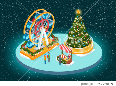 Christmas Image with Tree and Ferris Wheel Vector Christmas Image with Tree and Ferris Wheel Vector 95229019