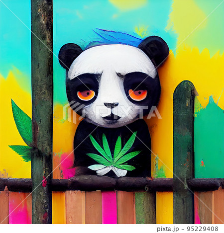 Drawing on the wall panda with cannabis behind the fence. Graffiti. Digital illustration. 95229408