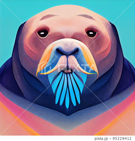 Cartoon colorful walrus face. Abstract portrait of a walrus. Digital illustration. 95229412