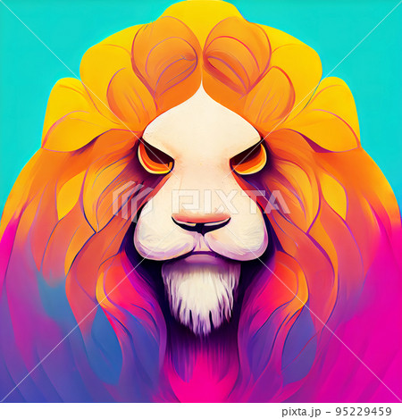 Bright lion portrait. Multicolor colorful muzzle of a lion. Digital illustration. 95229459