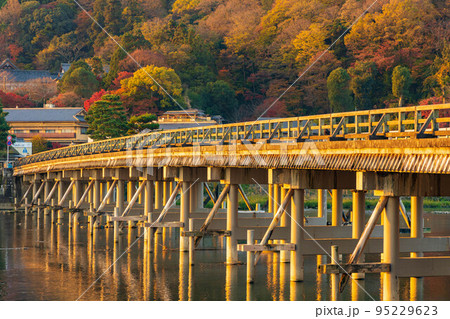 京都嵯峨嵐山の秋　朝日に照らされる渡月橋と紅葉 95229623