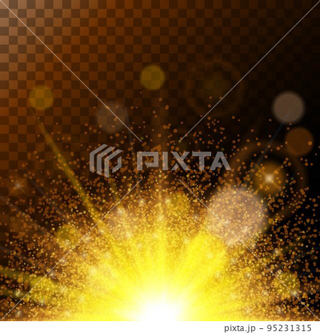 Realistic Sunlight Awesome magical lights, gold dust on a brown background. Colorful and high-quality template. Vector illustration. Realistic Sunlight Awesome magical lights, gold dust on a brown background. Colorful and high-quality template. Vector illustration. 95231315