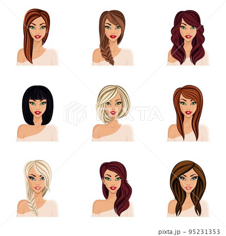 Set of hairstyles for girls, create your avatar, young woman girl. Hairstyles for long hair isolated. Face neck, eyes, lips. vector illustration 95231353